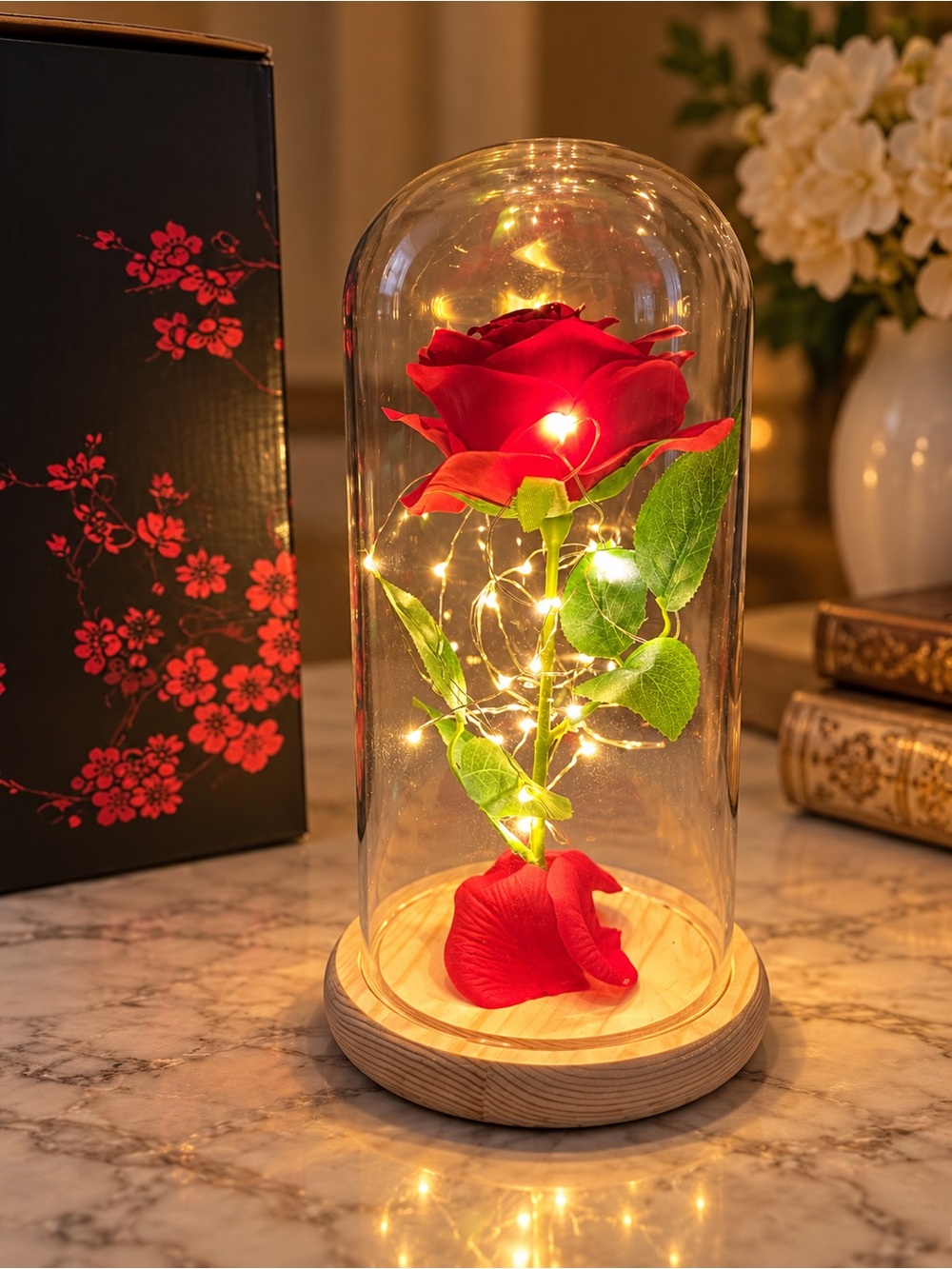 Beauty & Beast Inspired Enchanted Rose LED Glass Dome Light 11” Wood Base